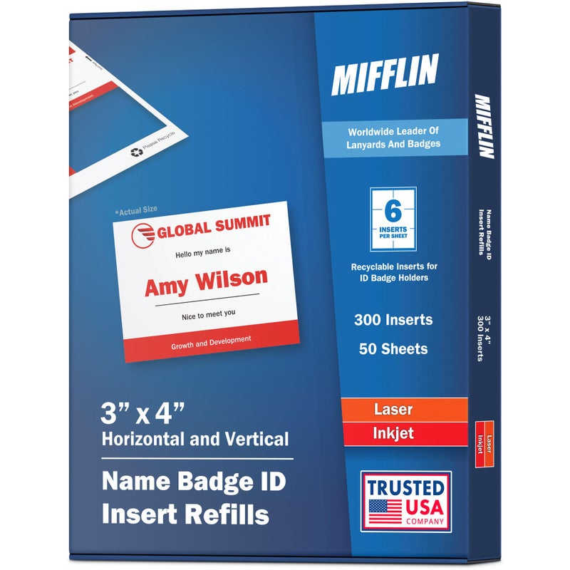 Mifflin-USA Name Badge Inserts, 3"x4" or 4"x3" Badge Inserts (300 Cardstock Refills, 50 Sheets), Compatible with Inkjet, Laser Printer, and Printable Sheets - Image 1